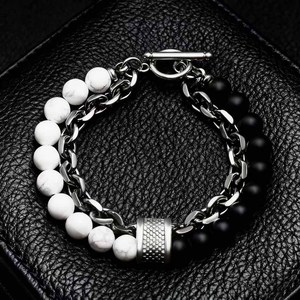 Bracelet géométrique tendance pour homme en acier inoxydable avec chaîne perlée et maillons, motif <span class=keywords><strong>carte</strong></span> givrée - Product Image 5