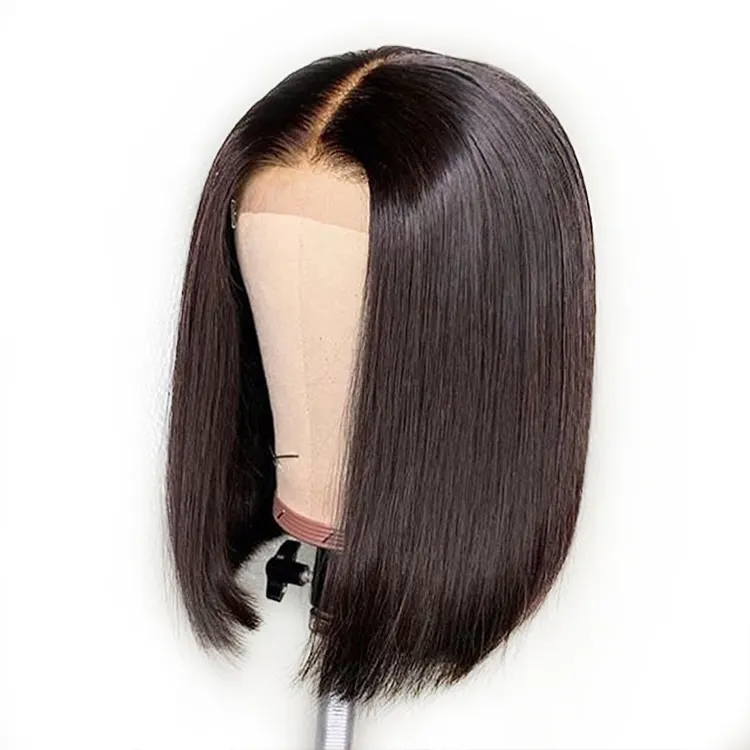 Perruques Bob Lace Front Wig naturelles péruviennes, cheveux lisses, noir, 13x6, pre-plucked, perruque Bob courte coupe au carré