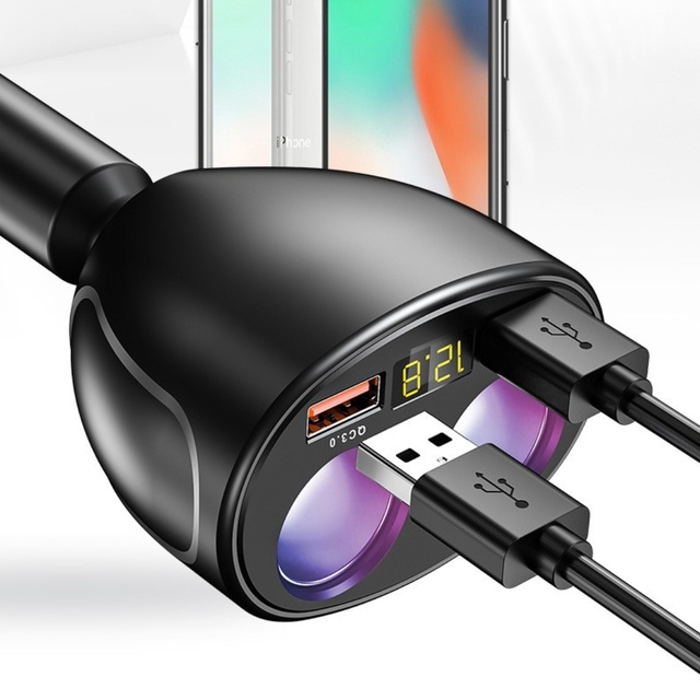 360-Degree Rotating Dual USB Car Cigarette Socket Charger QC3.0 Fast Charging with Digital Voltage Display