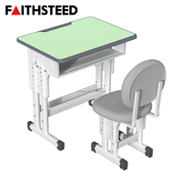 Ensemble de bureau scolaire de style nordique moderne, vert, réglable en hauteur, avec chaise ergonomique rembourrée pour étudiant, table d'étude pour salle de classe
