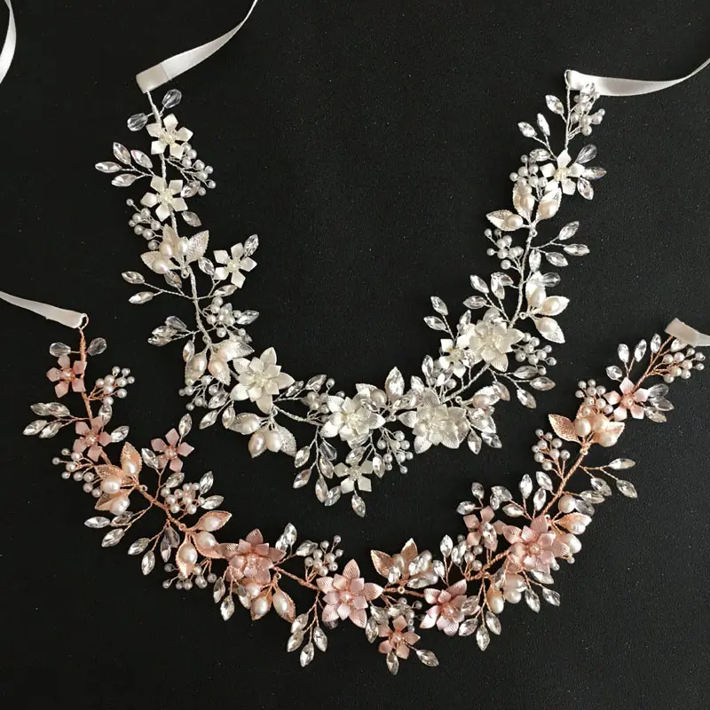 SLBRIDAL hecho a mano con cable de diamantes de imitación de cristal perlas de agua dulce de la boda accesorios para el pelo diadema de novia damas de honor de la joyería de las mujeres
