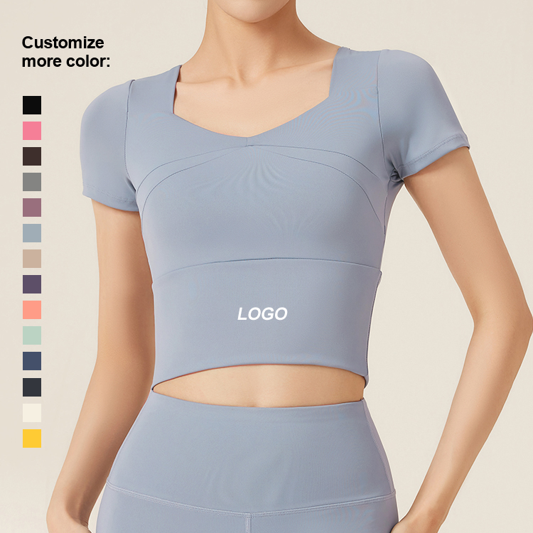 Women's New Spliced Yoga Fitness Slimming Shirt Short-Sleeved Pure Color Quick Dry Breathable Lightweight Seamless for Adults