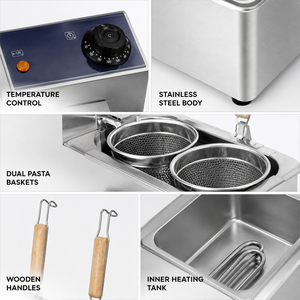 Cuiseur à pâtes électrique professionnel 220V en acier inoxydable, bouilloire à nouilles de comptoir à double panier pour restaurant, traiteur et cuisine - Product Image 2