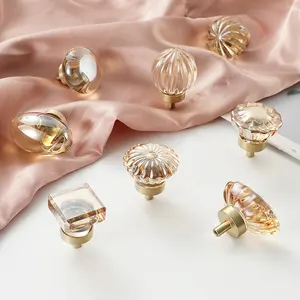 Knobs Furniture Cabinet Brass Crystal Handle Pull Knob Transparent Champagne High Quality Titanium Modern Dresser Knobs