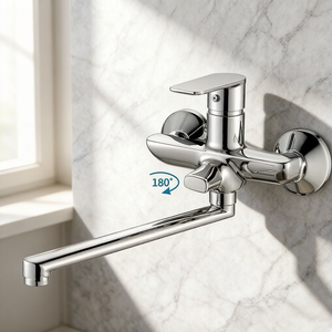 Robinet de bain mural à double trou, chaud et froid, en alliage de zinc, avec noyau en céramique, style luxe à long bec - Product Image 5
