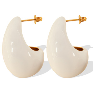 Boucles d'oreilles clous en époxy blanc et or, forme goutte d'eau, design brillant et bombé, bijoux de mode - Product Image 5