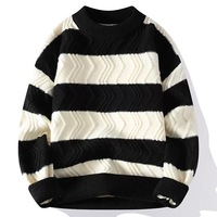 Pull col montant oversize style preppy pour homme, tricot jacquard à rayures ondulées, épais et chaud, idéal pour l'automne et l'hiver