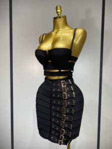 Ensemble deux pièces moulant <span class=keywords><strong>noir</strong></span> pour femme avec <span class=keywords><strong>jupe</strong></span> bandage et découpes – Tenue de soirée, d'anniversaire ou de club, style célébrité, pour le streetwear - Product Image 2