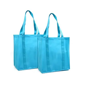 BSCI custom logo printed Heavy Duty Supermarket Shopping carry Bag light blue Sewing non woven fabric shopping bags