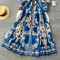 Robe longue décontractée élégante pour femme, style vintage, imprimée, à manches longues, coupe trapèze, avec ceinture, col montant et boutonnée, idéale pour le quotidien et les fêtes