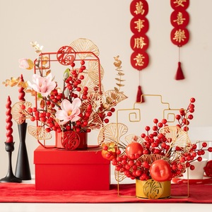Arreglo Floral Artificial con Base de Metal Roja, Flores de Seda, Decoración de Año Nuevo Chino, Decoración Interior para el Hogar - Product Image 3