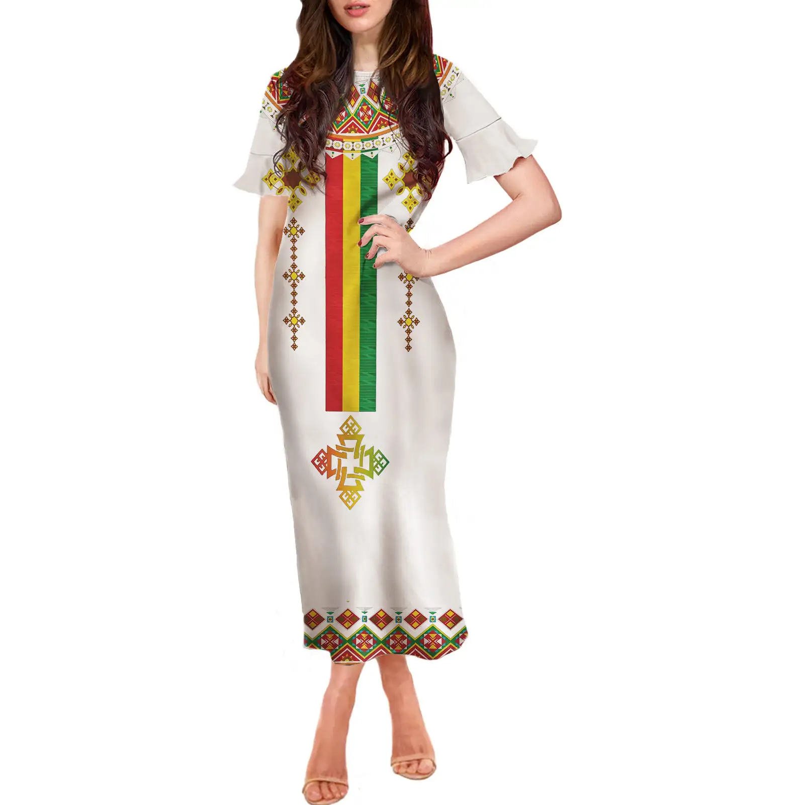 En vrac personnalisé éthiopien Habesha Design blanc élégant longue robe Maxi pour les femmes africain Vintage éthiopien robe femmes robes