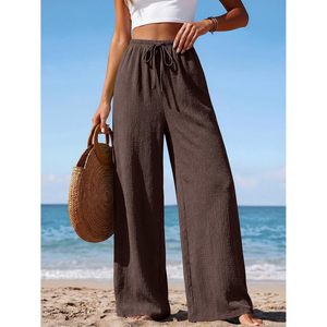 Womens <b>Summer</b> Elastic Waist Textured Flowy Palazzo <b>Pants</b> Wide Leg Casual High Waist Breathable Crepe <b>Pants</b> With Pockets - Product Image 3