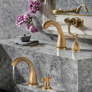 Robinet de lavabo de salle de bain de luxe en laiton massif de style antique Libert Designer, double poignée, 3 trous, avec cartouche céramique, garantie 5 ans, pour baignoire - Product Image 3