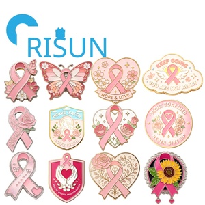 Broches en émail personnalisées créatives en métal, motif Rose d'Octobre, pour la sensibilisation au cancer du sein, avec ruban rose et fleur papillon, vente en gros - Product Image 1