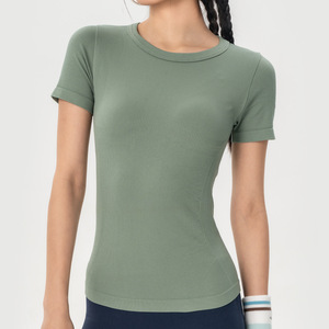 T-shirt de sport côtelé moulant à manches courtes pour femme, séchage rapide, haute extensibilité, idéal pour le tennis, le yoga et la course à pied (vente en gros) - Product Image 2