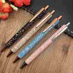 Stylo bille en métal à pression en cuir pailleté, multicolore, pour filles, garçons, mariages, promotionnel, vente en gros, cadeau, fournitures de bureau - Product Image 1