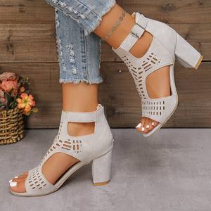 Sandalias de tacón medio sexy con correa para mujer, estilo romano, huecas, con cordones, punta abierta, casuales y de tacón grueso - Product Image 5