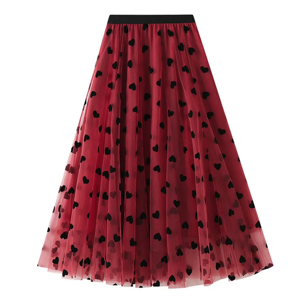 2022 Spring Summer Floral Tutu Skirt Women 3D Posy Double-Layered Mesh Midi A Line Skirt Elastic High Waist Plus Size Skirt