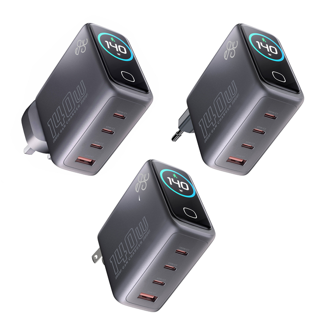 New 140W GaN Charger Type-C Laptop Charger 3*USB-C+USB-A Power Adapter EU/UK/US Plug with AI Smart Display for Phone Tablet