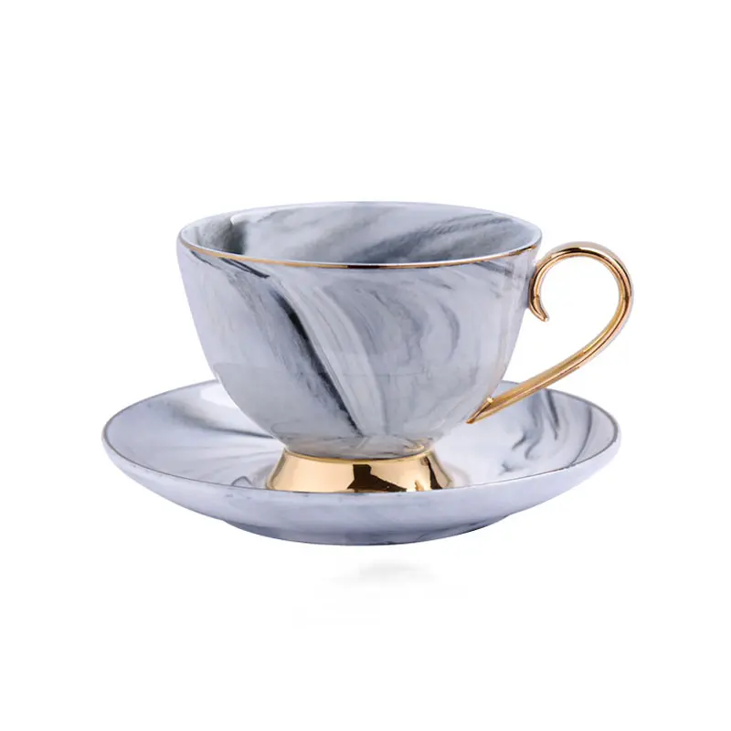 Custom luxury phnom nordic marbling ceramic coffee cup and saucer set with spoon gold