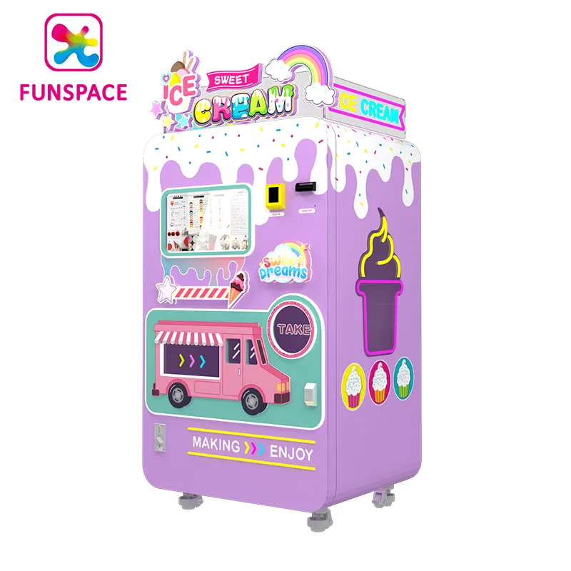 Funspace Precio directo de fábrica 24 horas de autoservicio Totalmente automático Púrpura Rosa Azul Look Máquina Expendedora de helados suaves