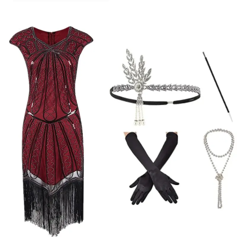 Dancing Stone Robe de bal Gatsby Flapper à manches frangées pour femmes 1920S avec accessoires