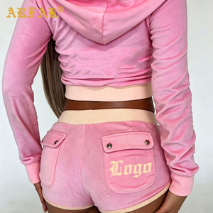 2026 New Arrivals Summer <strong>Women's</strong> Custom Two-piece Set Velvet Hooded Crop Jacket and Shorts <strong>Velour</strong> <strong>Tracksuit</strong> for <strong>Women</strong> - Product Image 2