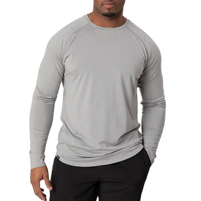 ZM-1056 Gym long sleeve Men Workout Long Sleeve with Laser-cut breathable mesh Custom Men's Training T shirt with Scoop hem