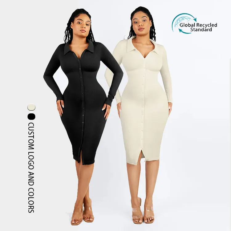 Grosir baru gaun midi bodycon wanita ramah lingkungan mulus lengan panjang built-in shapewear gaun maxi gaun untuk kantor