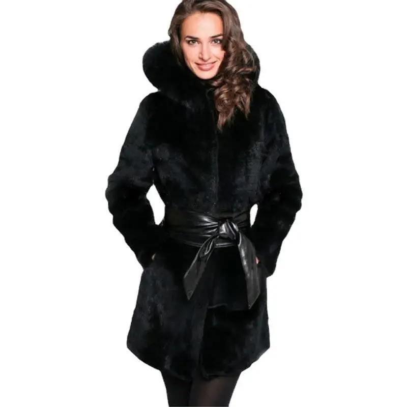 Produk baru mantel bulu cerpelai palsu gaya panjang Medium dengan topi mantel bulu cerpelai wanita kasual Mode