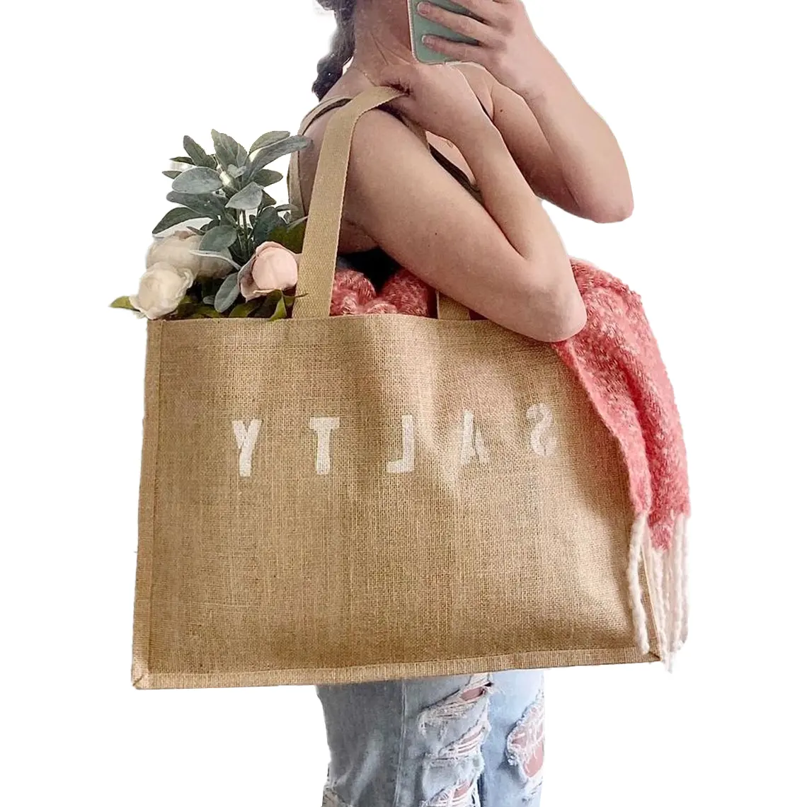 Commercio all'ingrosso di alta qualità Logo personalizzato colore riciclare la spesa Tote Bags moda donna riutilizzabile Shopping Bag in iuta
