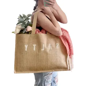 Venta al por mayor de alta calidad de logotipo personalizado de color reciclar bolsas de comestibles de moda para mujer bolsa de compras de yute reutilizable