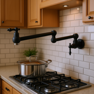 Grifo de Cocina DB Negro Mate Montado en Pared, Llenador de Ollas, Doble Giro, Acero Inoxidable, Estilo Clásico, Monomando - Product Image 2