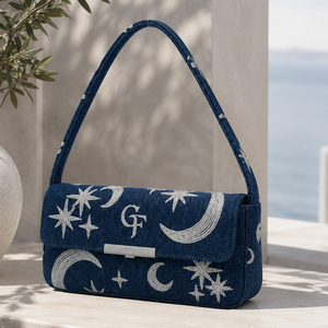 Custom Women’s Moon Star Print Denim Crossbody Bag Casual Shoulder Bag Flap <b>Handbag</b> for Daily Travel - Product Image 1