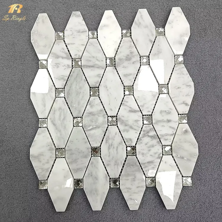 Water jet white mosaic bathroom floor tiles diamond mirror crystal glass marble backsplash kitchen tiles mosaic