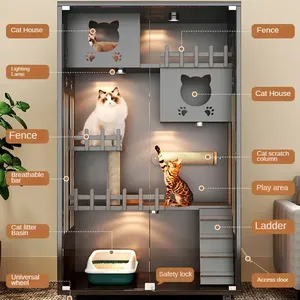 Jaula Retro de Madera Maciza para Gatos para Sala de Estar, Casa para Gatos de Dos Niveles, de una Pieza, Móvil, Estilo Lujo Ligero, Creativa para el Hogar - Product Image 5