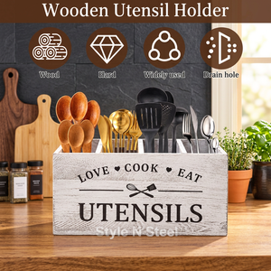 Wooden Kitchen <b>Utensil</b> Holder Countertop <b>Organizer</b> Rack With Drain Hole Farmhouse Style Spoon Fork Spatula Storage Box - Product Image 3