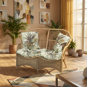 Sofá de Dos Plazas de Ratán Tropical con Cojines con Estampado de Palmeras, Reposabrazos Curvos, Diseño Moderno, Ratán PE Ecológico Resistente a los Rayos UV para Exteriores - Product Image 1