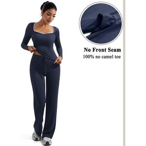 FOXA Womens Lounge <b>Set</b> Lace <b>Square</b> Neck Long Sleeve Tops Wide Leg Pants 2 Piece Outfits Casual Breathable Knitted <b>Set</b> - Product Image 2