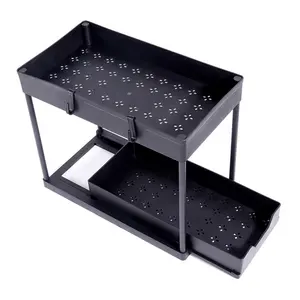 Organizador debajo del fregadero para cocina, baño, 2 niveles, organizador deslizante debajo del gabinete con taza colgante, estante de almacenamiento multiusos