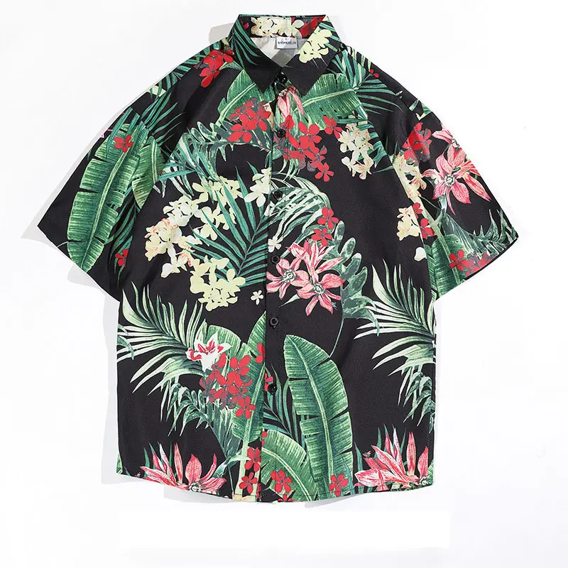 قمصان علوية قصيرة الأكمام منسوجة من البوليستر للرجال بطباعة الأزهار قميص شاطئ غير رسمي للرجال