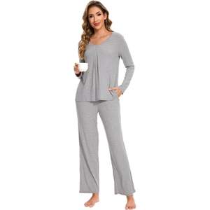 Womens Pajama Set Viscose Bamboo <b>Long</b> <b>Sleeve</b> <b>Top</b> Lounge Pants With Pockets Soft Knit Sleepwear Pjs - Product Image 1