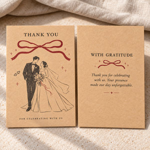 Biglietti di ringraziamento personalizzati in carta kraft per matrimonio, disegno a righe sposa e sposo con motivo fiocco rosso, biglietti di ringraziamento per souvenir di matrimonio - Product Image 1