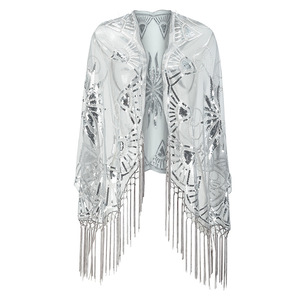 Women's 1920s Scarf Wraps Sequin Fringed Wedding <strong>Cape</strong> Evening Shawl Vintage Prom Wedding Party <strong>Mesh</strong> Cover up Dress Accessories - Product Image 4