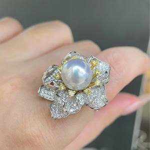 Nuevo Anillo Australiano Blanco de 11-12 mm con Agua de Mar y Exquisito Juego de Flores Perladas con Piedras Preciosas de Plata - Product Image 4
