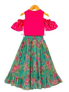 เสื้อทวิชา วูเวน ฮาล์ฟสลีฟ พิมพ์ลาย พร้อมเลเฮนกาพิมพ์ลาย-สีชมพูและสีเขียวทะเล - Product Image 1