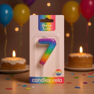 Candela Numero 7 per Feste, 6cm, con Glitter Arcobaleno, Candele per Compleanno - Product Image 3
