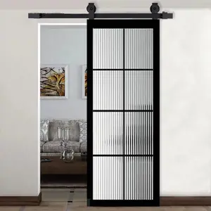 देहाती शैली का काला स्टील फ्रेम लॉफ्ट बार्न दरवाजा, स्लाइडिंग हार्डवेयर स्टील स्लाइडिंग दरवाजे के साथ घर
