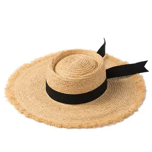 Raffia braid sew island top fashion beach Straw hat with black ribbon